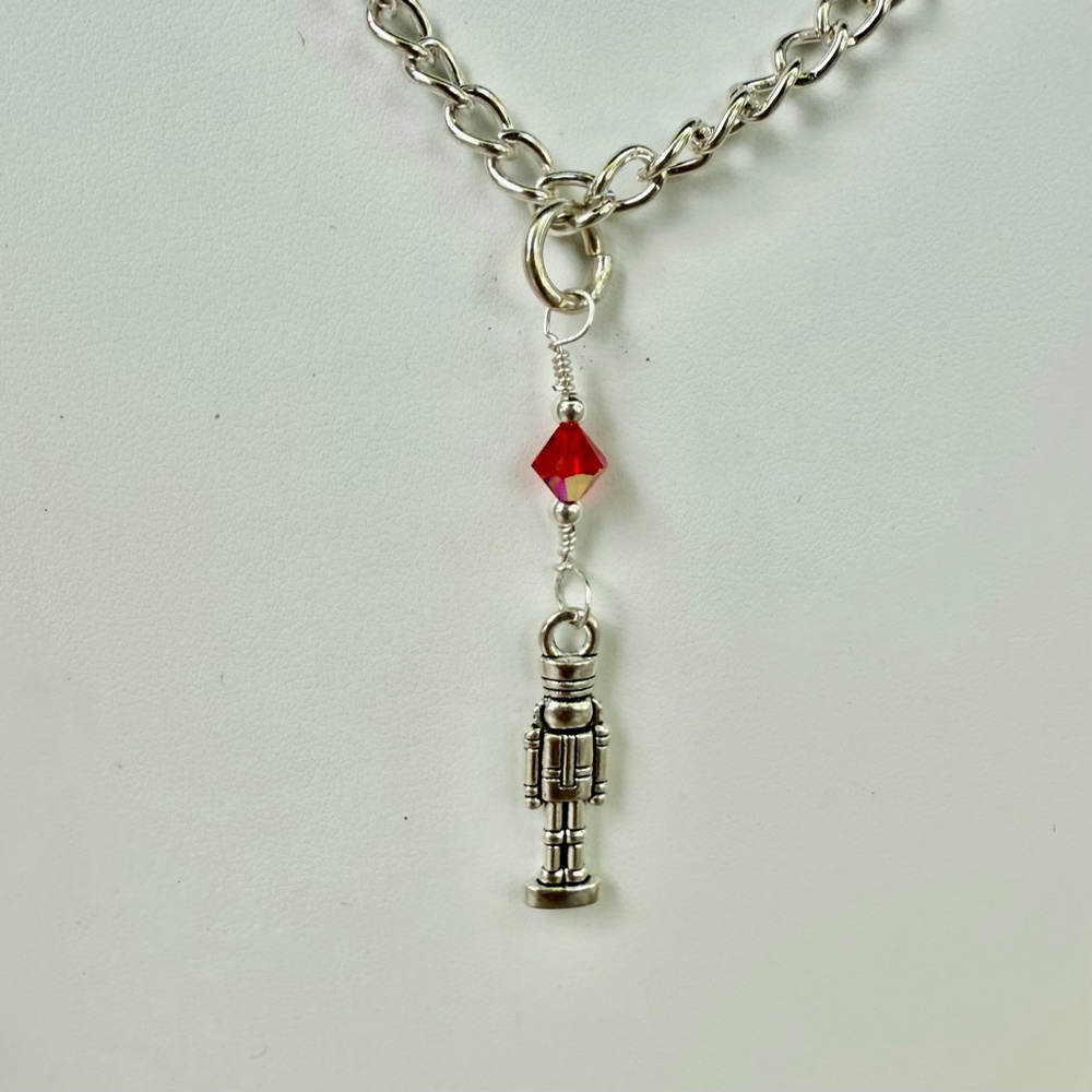 Antique Silver Toy Soldier Nutcracker with Red Crystal Chain Necklace